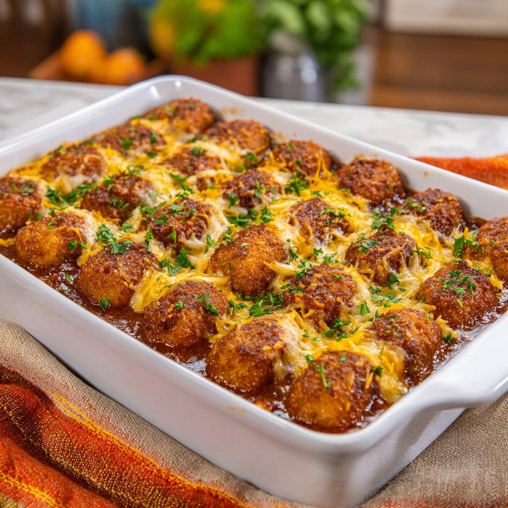 Herzhafter Tater Tot Auflauf Draufsicht Fertig 1 Herzhafter Tater-Tot-Auflauf in einer Auflaufform, von oben fotografiert, mit geschmolzenem Käse und frischer Petersilie garniert.