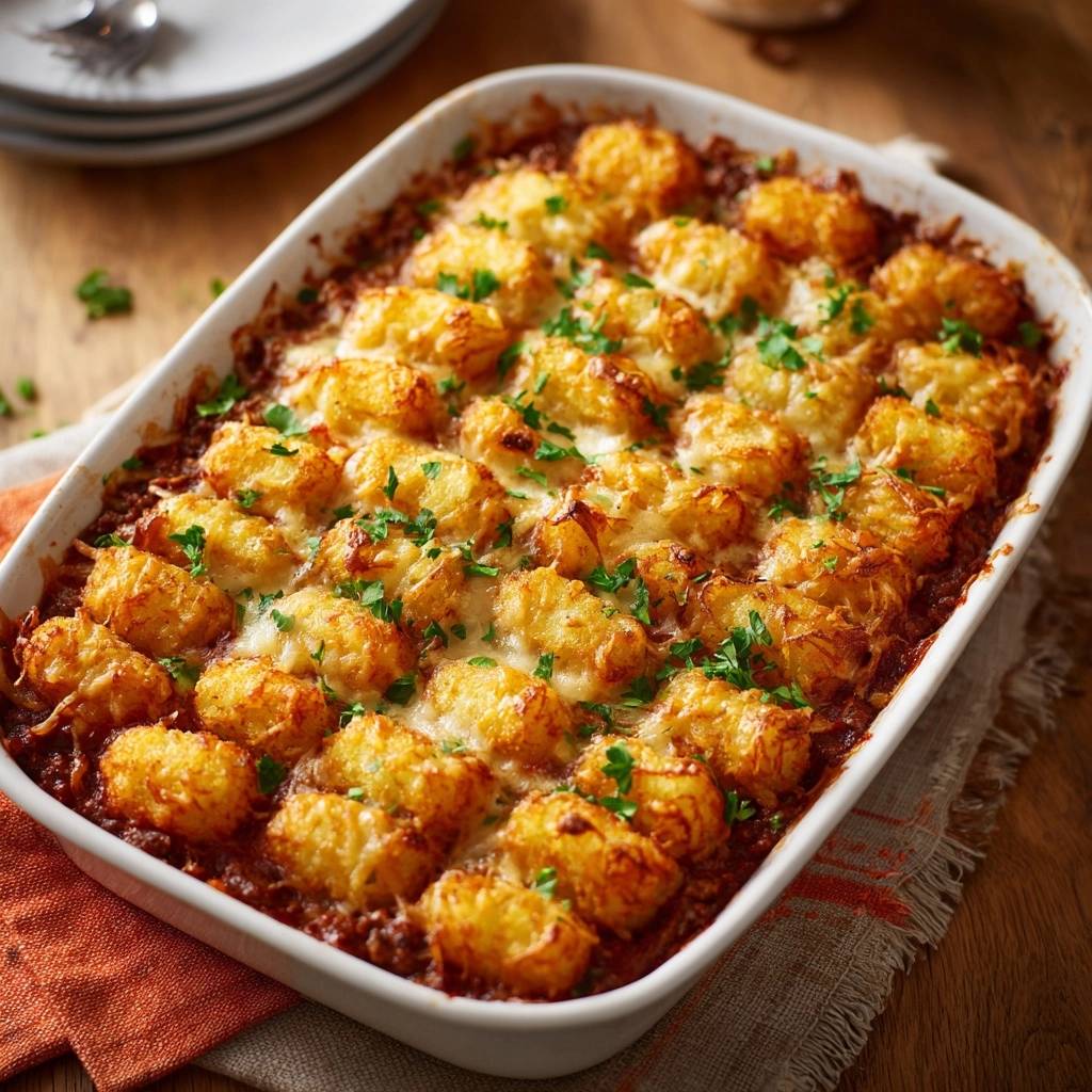 Herzhafter Tater-Tot-Auflauf von oben: Ein Ofenauflauf mit knusprigen Kartoffeltots, bedeckt mit geschmolzenem Käse und frischer Petersilie.