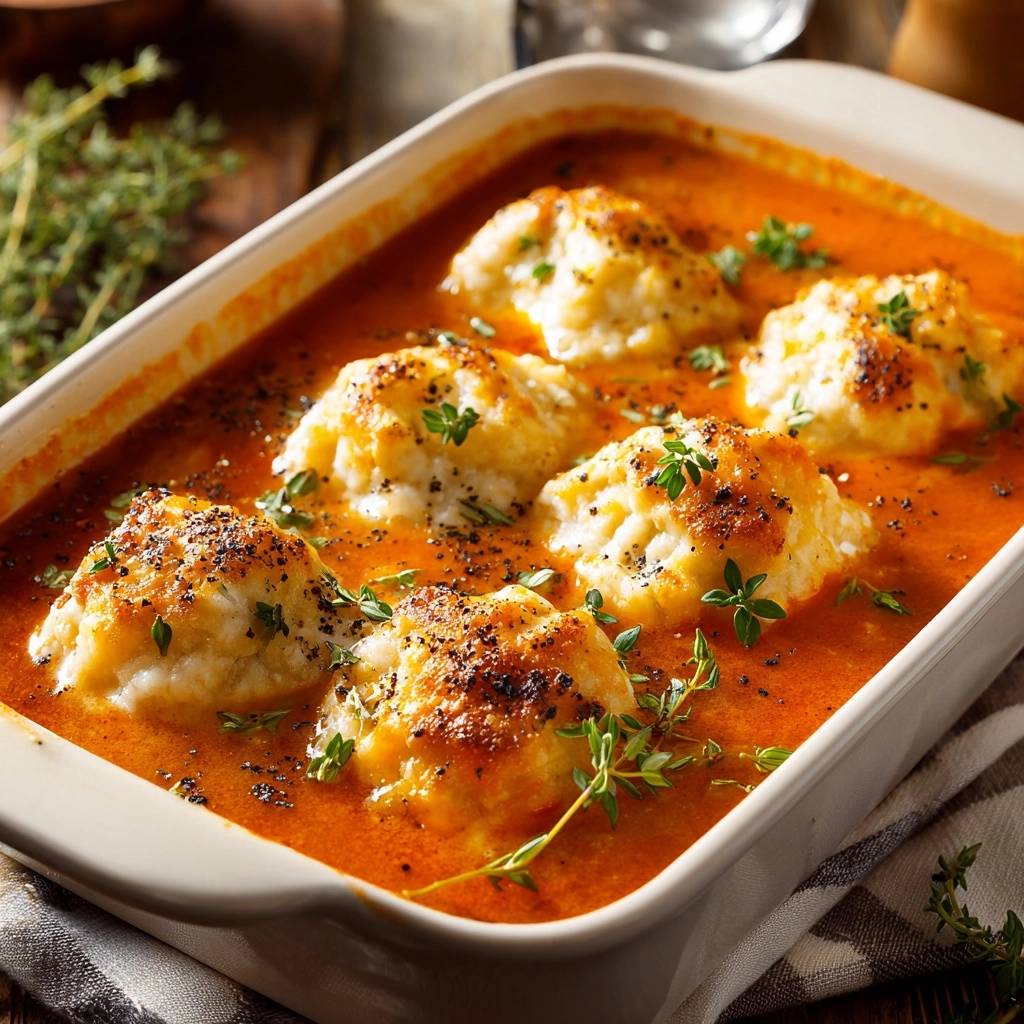 Herzhafter Tomateneintopf mit Quark-Käse-Dumplings, serviert in einer Auflaufform, garniert mit frischem Thymian, aus der Draufsicht.