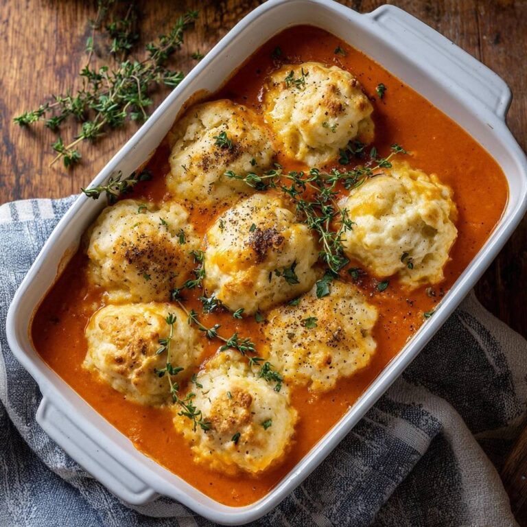 Herzhafter Tomateneintopf mit Quark-Käse-Dumplings, serviert in einer Auflaufform, garniert mit frischem Thymian. Ein köstliches, herzhaftes Gericht, perfekt für kalte Tage.