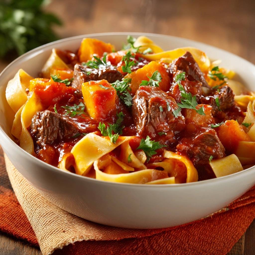Herzhaftes Rindergulasch Mit Pappardelle Nahaufnahme 1 Herzhaftes Rindergulasch mit Pappardelle in einer Nahaufnahme, serviert mit frischer Petersilie, dampfend heiß und appetitlich angerichtet.
