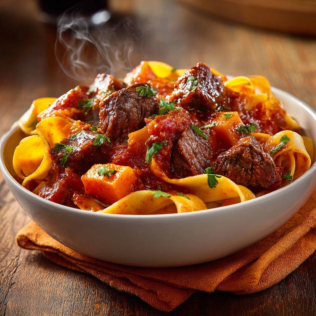 Herzhaftes Rindergulasch mit Pappardelle in Nahaufnahme, dampfend und mit frischer Petersilie garniert, serviert in einer weißen Schüssel.