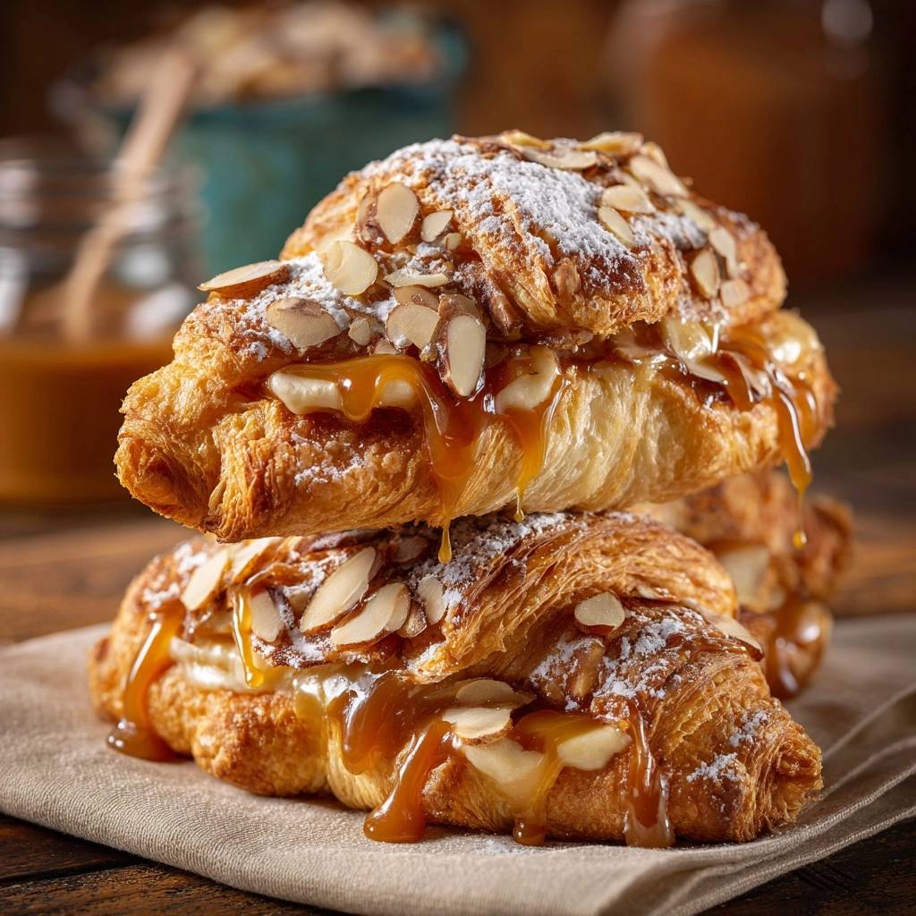 Karamell-Mandel-Croissants in Nahaufnahme: knusprige Croissants mit Mandeln, Karamell und Puderzucker dekoriert, zum Anbeißen.