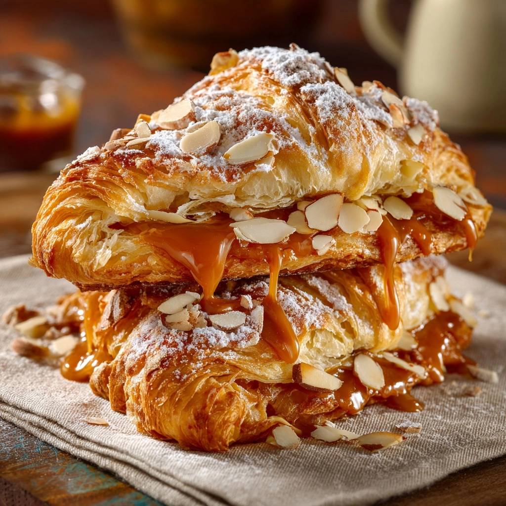 Karamell-Mandel-Croissants im Anschnitt, mit fließendem Karamell und Mandelsplittern, die die knusprige Textur zeigen.
