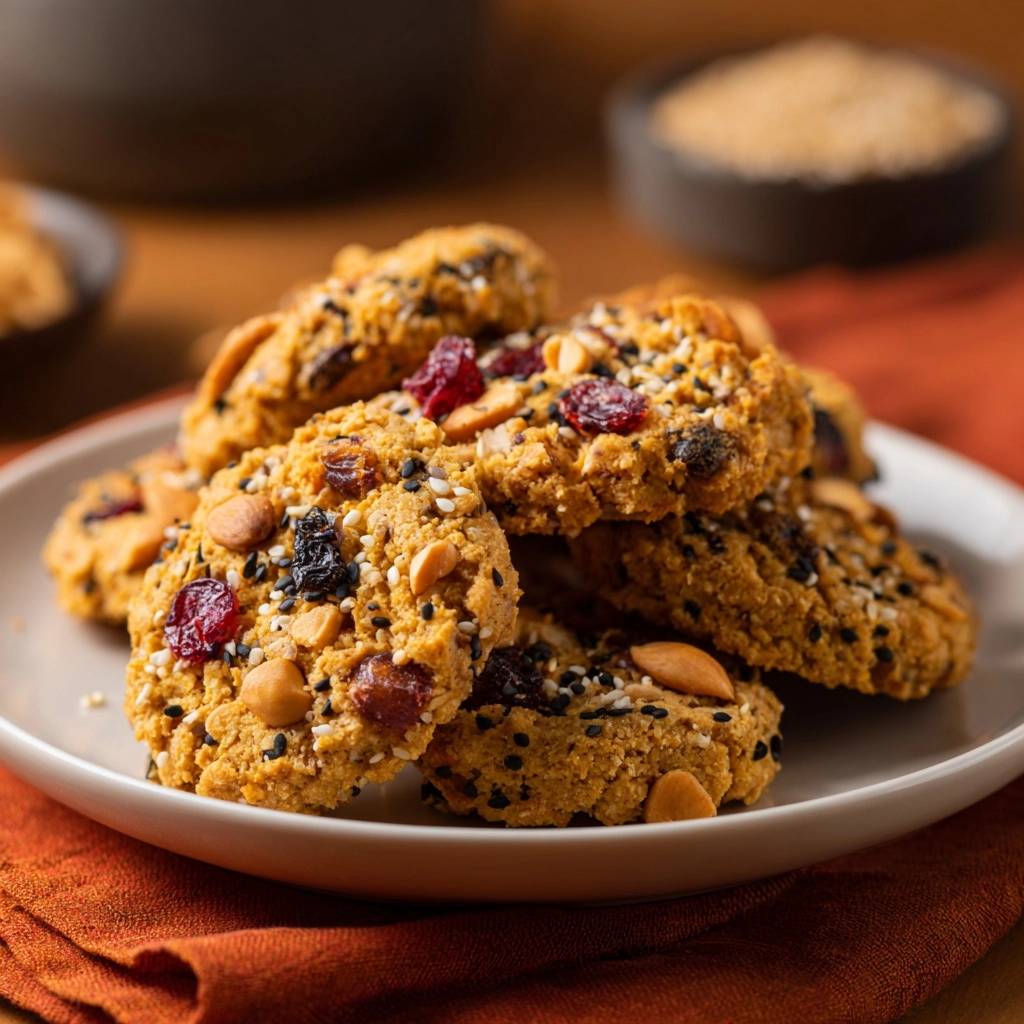 Kernige Erdnuss-Cranberry-Cookies serviert auf einem weißen Teller, garniert mit Nüssen und Cranberries. Ein köstlicher Blick auf die knusprigen Kekse.