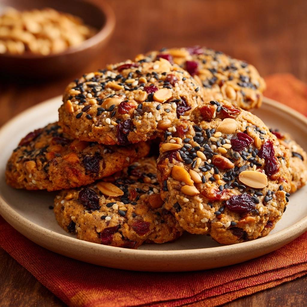 Kernige Erdnuss-Cranberry-Cookies serviert auf einem Teller, mit Blick auf die knusprige Textur und die Zutaten.