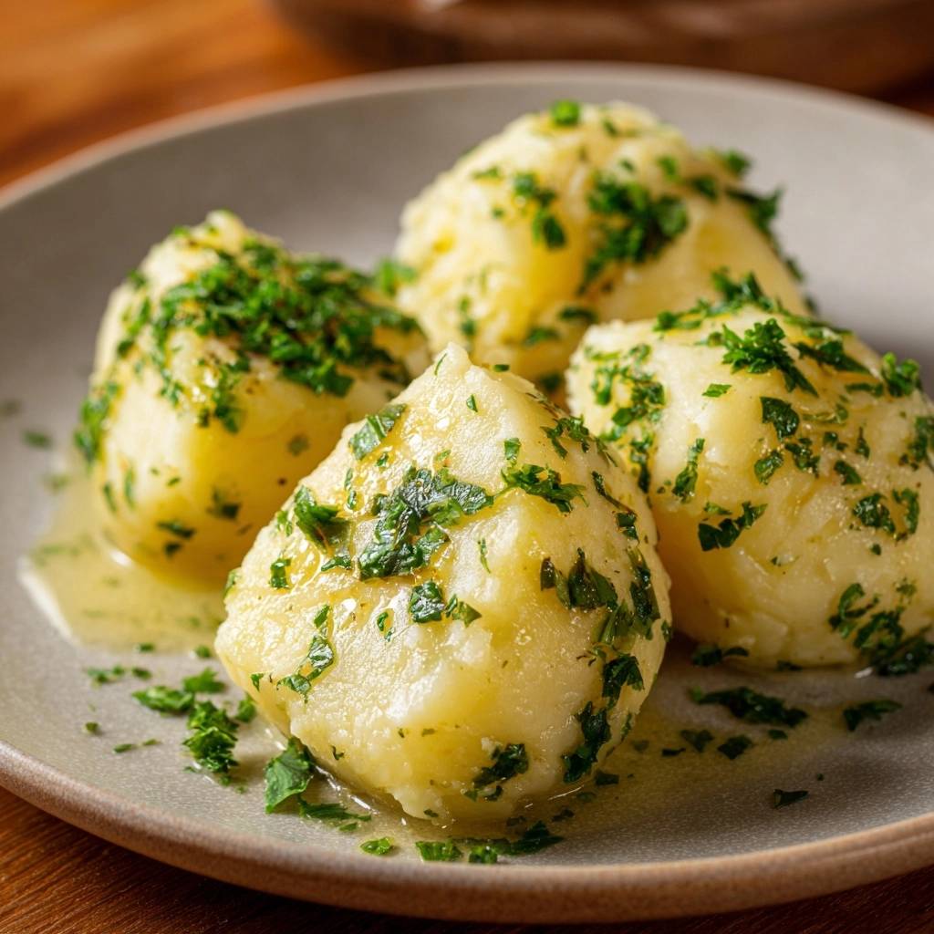 Klassische Kartoffelklosse Mit Petersilienbutter Serviert 1 Klassische Kartoffelklöße mit Petersilienbutter, serviert auf einem grauen Teller. Die Klöße sind mit frischer Petersilie garniert und in Butter getränkt.