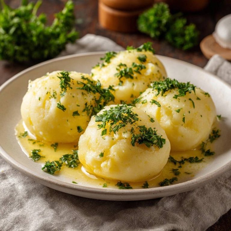 Klassische Kartoffelklöße mit Petersilienbutter werden auf einem Teller serviert und mit frischer Petersilie garniert, bereit zum Genießen.