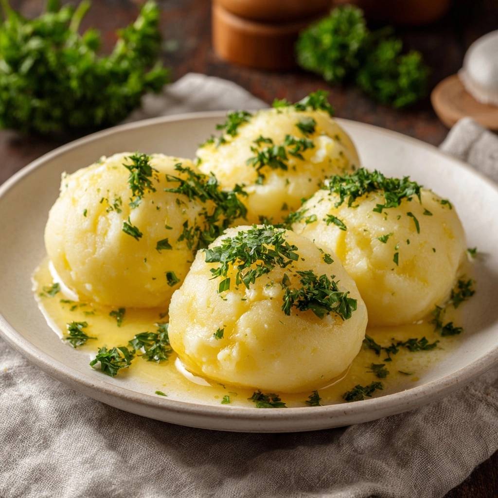 Klassische Kartoffelklöße mit Petersilienbutter werden auf einem Teller serviert und mit frischer Petersilie garniert, bereit zum Genießen.