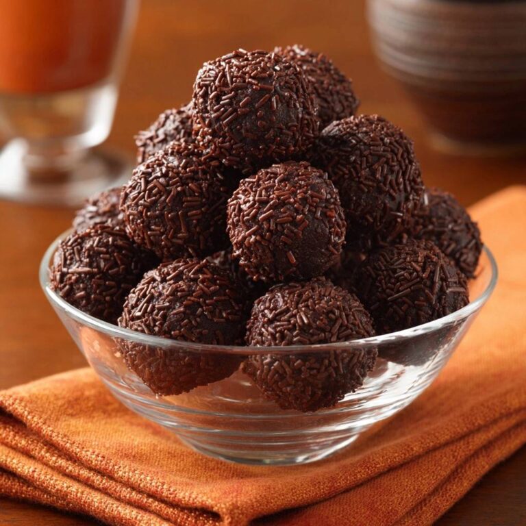 Klassische Schokoladen-Brigadeiros in einer Glaschale serviert, bedeckt mit Schokoladenstreuseln, die zum Naschen verlocken.