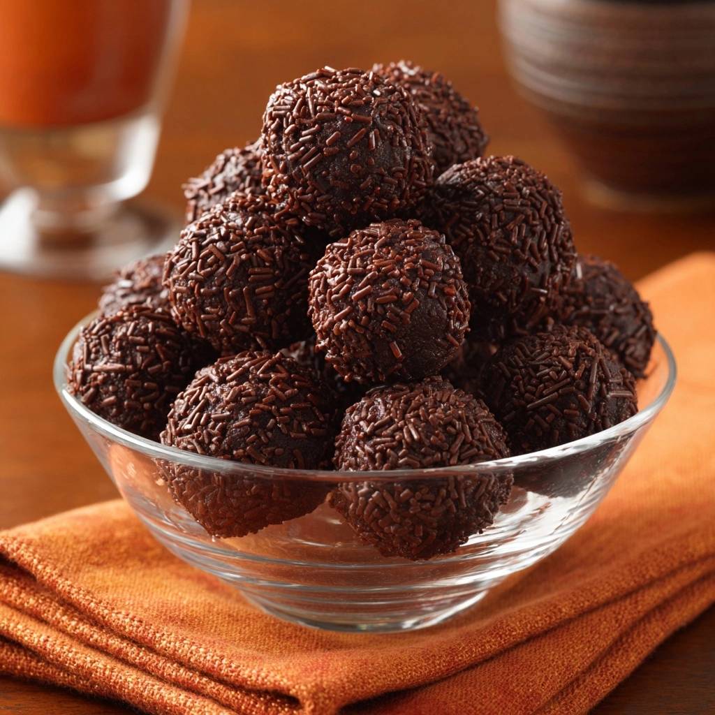 Klassische Schokoladen-Brigadeiros in einer Glaschale serviert, bedeckt mit Schokoladenstreuseln, die zum Naschen verlocken.