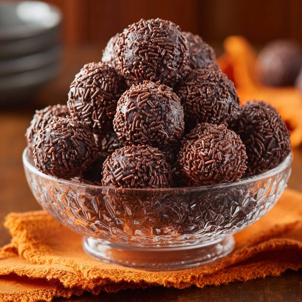Klassische Schokoladen-Brigadeiros in einer Nahaufnahme, die die Textur der Schokoladenstreusel auf den süßen Kugeln zeigt.