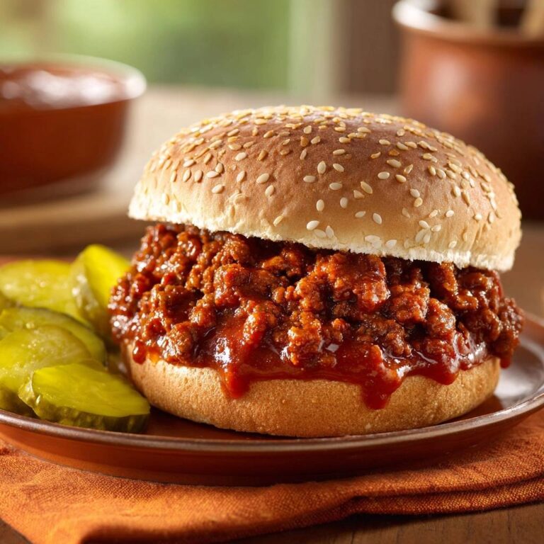 Klassische Sloppy Joes, serviert auf einem Teller mit Sesambrot und saftiger Fleischfüllung, dazu eingelegte Gurken.
