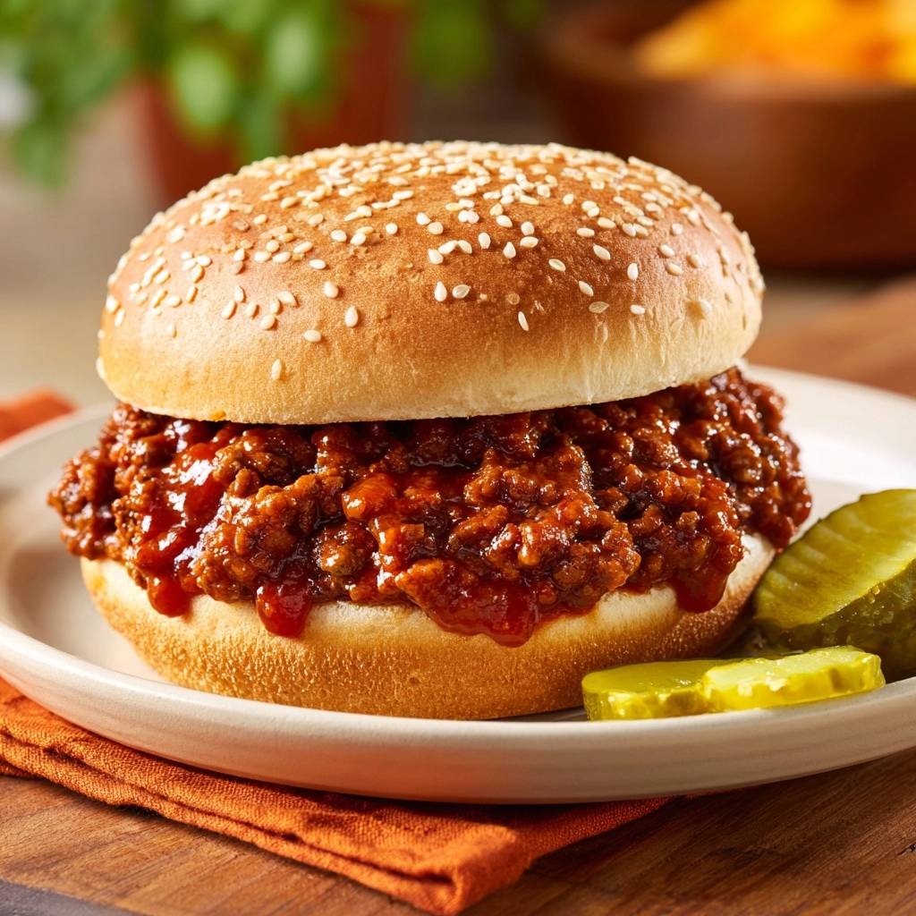 Klassische Sloppy Joes, serviert auf einem Teller mit Gurkenscheiben, bereit zum Genießen. Ein herzhaftes, hausgemachtes Gericht.