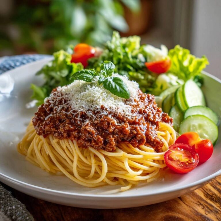 Klassische Spaghetti Bolognese serviert auf einem Teller mit Salat, Gurken und Tomaten. Der Teller ist mit frisch geriebenem Käse und Basilikum garniert.