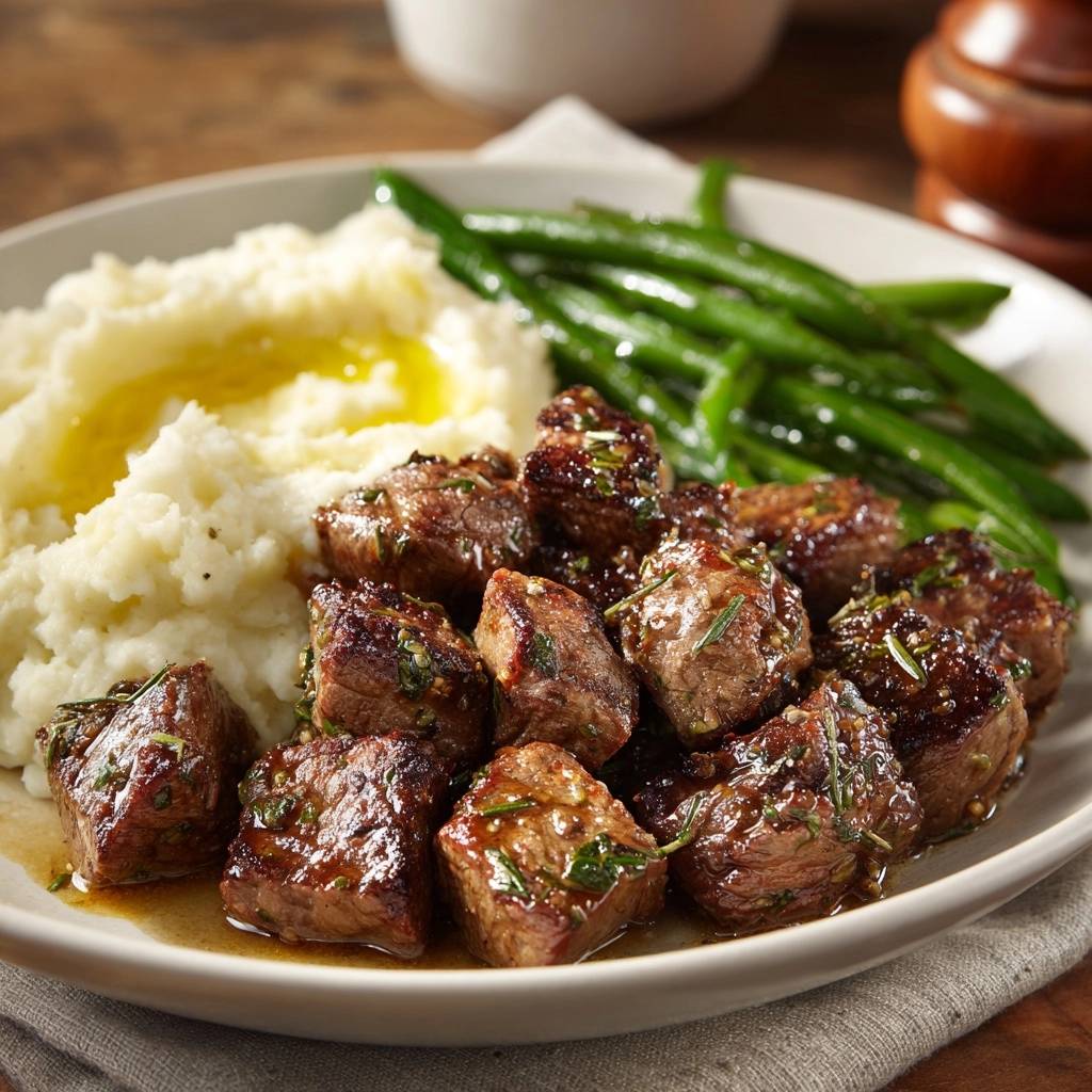 Knoblauch-Butter Steak Bites, serviert auf einem Teller mit Kartoffelpüree und grünen Bohnen, sind ein köstliches Gericht.