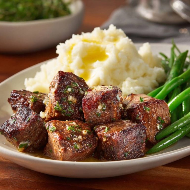 Knoblauch-Butter Steak Bites serviert auf einem Teller mit Kartoffelpüree und grünen Bohnen, bereit zum Genießen.
