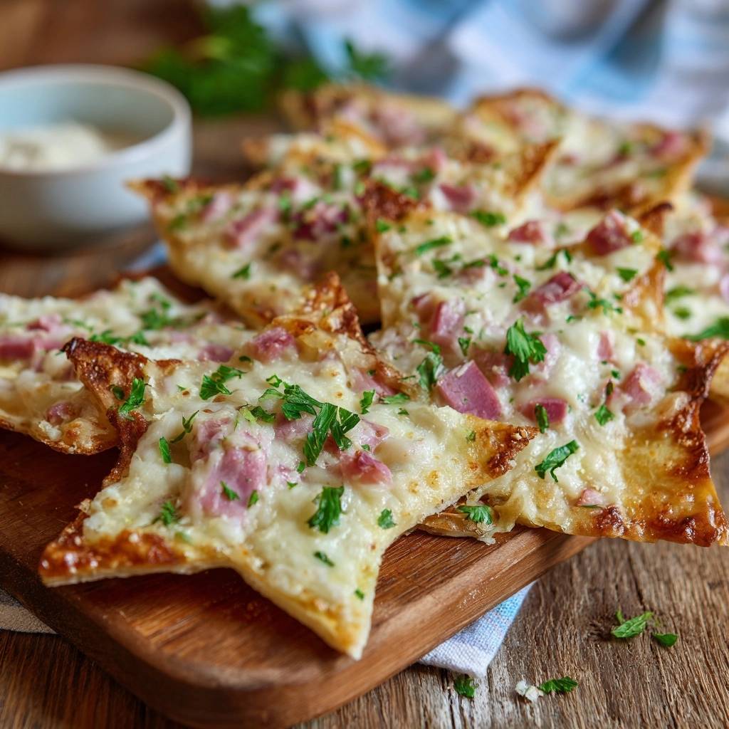 Knusprige Flammkuchen Sterne Detailaufnahme 1 Knusprige Flammkuchen-Sterne, garniert mit frischer Petersilie, präsentieren sich in einer Nahaufnahme auf einem rustikalen Holzbrett. Die knusprigen Sterne sind mit Käse und Schinken belegt.