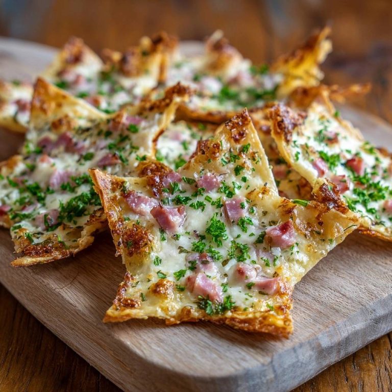 Knusprige Flammkuchen-Sterne in Nahaufnahme, auf einem Holzbrett serviert, mit goldbraun gebackenem Teig und frischen Kräutern garniert.