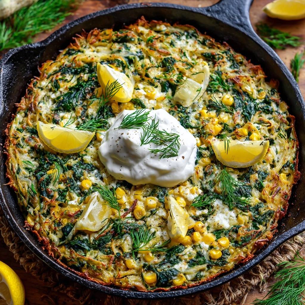 Knusprige Kartoffel-Spinat-Pfanne mit Mais, serviert in einer gusseisernen Pfanne, garniert mit frischem Dill und Zitronenspalten.