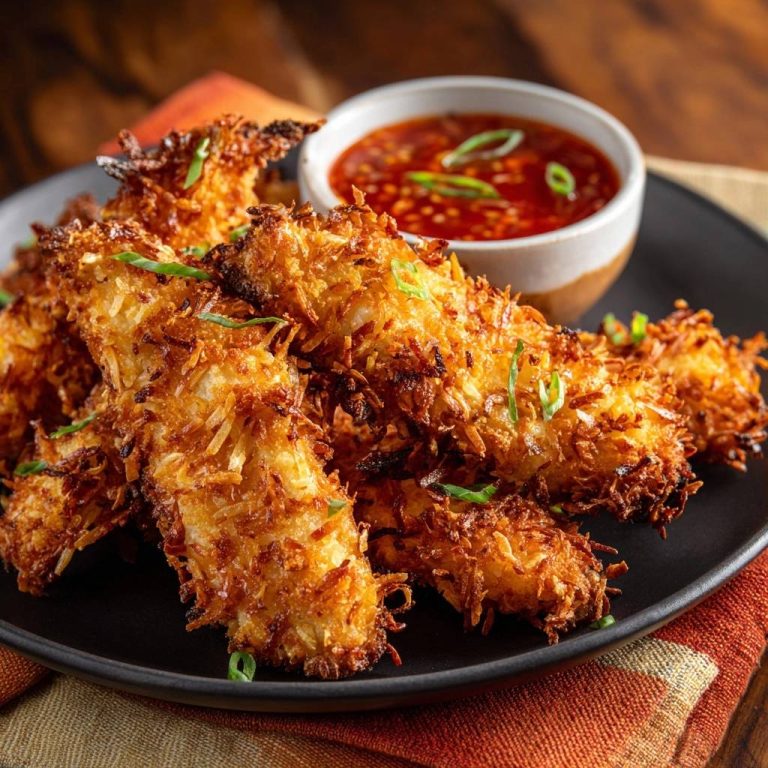 Knusprige Kokos-Hähnchen-Sticks serviert auf einem schwarzen Teller, serviert mit süß-saurer Sauce als Dip. Diese Hähnchen-Sticks sind goldbraun und knusprig.