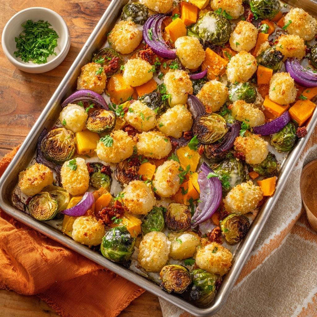 Knusprige Parmesan-Gnocchi vom Blech in einer Draufsicht, mit geröstetem Gemüse wie Rosenkohl und Kürbis, serviert auf einem Backblech.