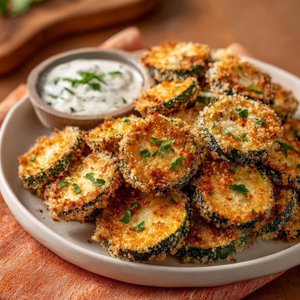 Knusprige Parmesan Zucchini Taler Serviert 1 Knusprige Parmesan-Zucchini-Taler, serviert auf einem weißen Teller, sind goldbraun und mit frischer Petersilie garniert, bereit zum Servieren.