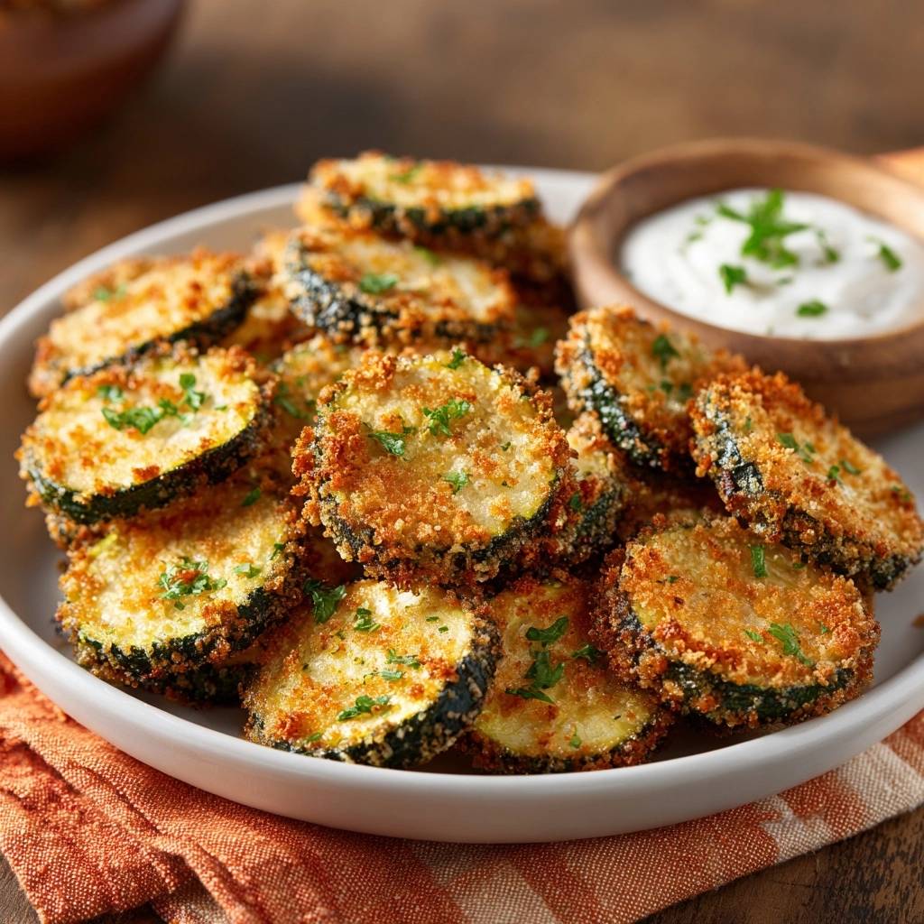 Knusprige Parmesan-Zucchini-Taler serviert auf einem weißen Teller, neben einem Holzschälchen mit Dip und frischer Petersilie.