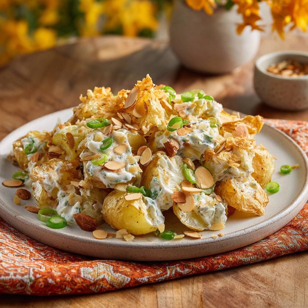 Knusprige Roestkartoffeln Mit Kraeuter Creme Serviert 1 Knusprige Röstkartoffeln mit Kräuter-Creme, serviert auf einem rustikalen Teller, garniert mit Mandelsplittern und frischen Kräutern.