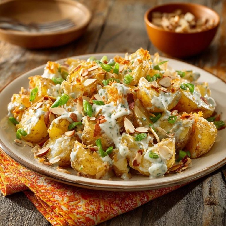 Knusprige Röstkartoffeln mit Kräuter-Creme, serviert auf einem Teller, garniert mit Mandelsplittern und frischer Kresse.