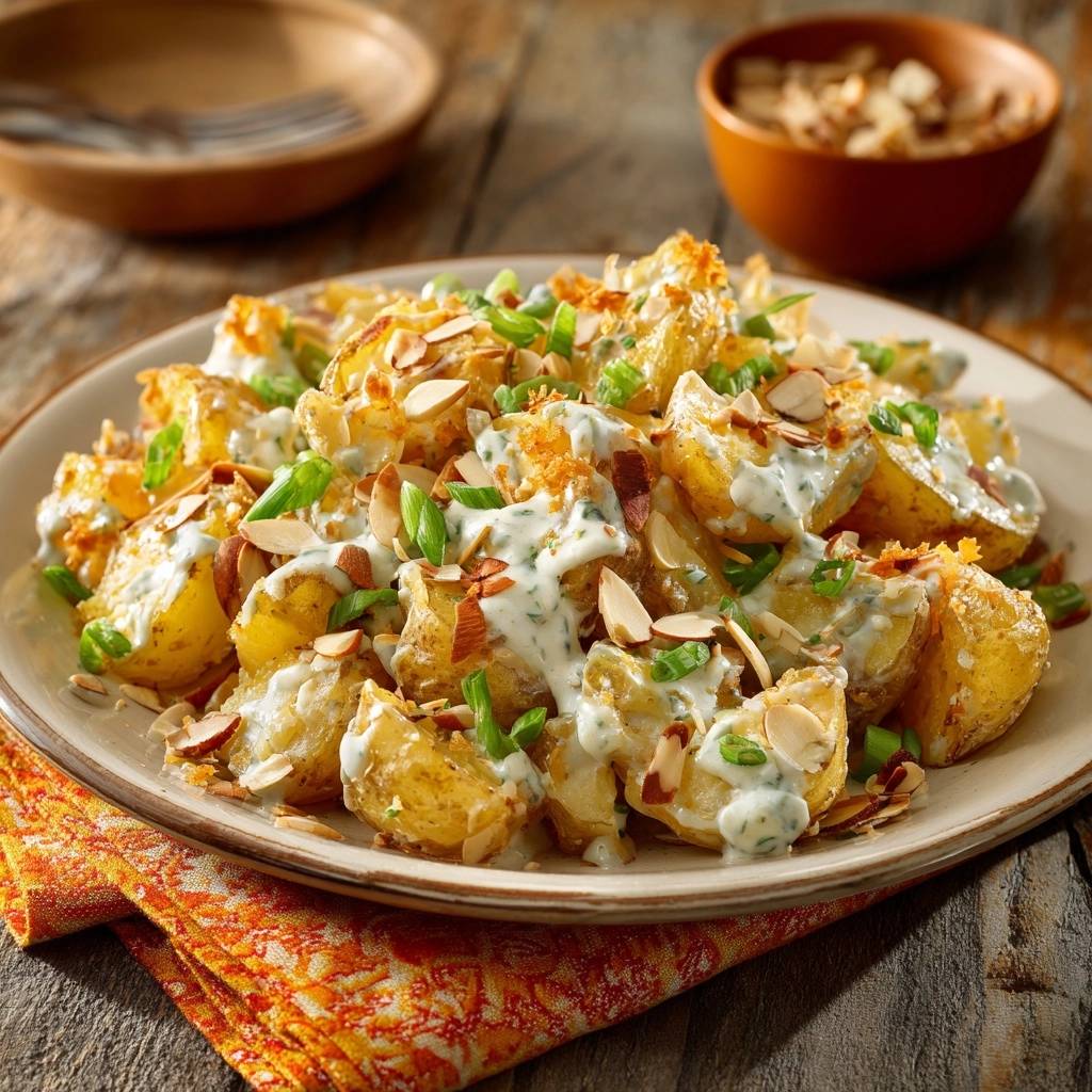Knusprige Röstkartoffeln mit Kräuter-Creme, serviert auf einem Teller, garniert mit Mandelsplittern und frischer Kresse.