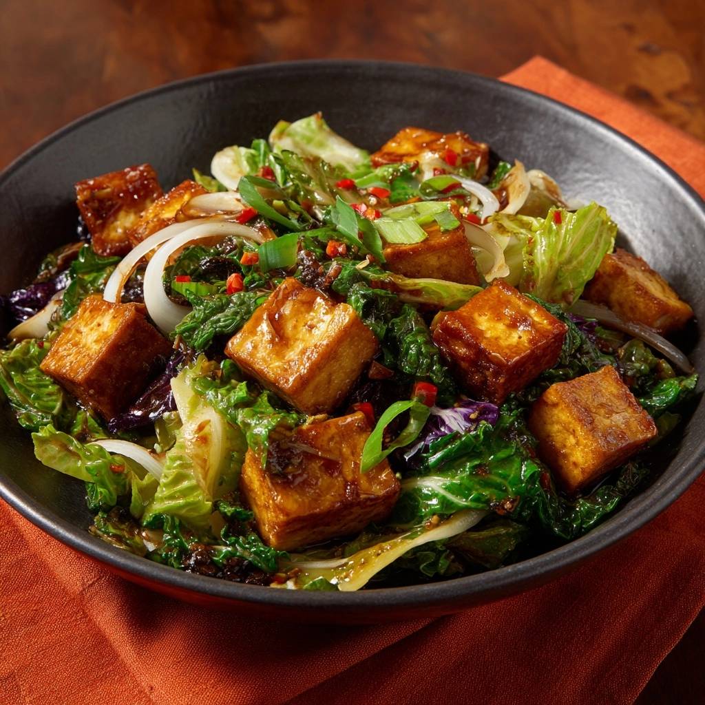 Knusprige Tofu-Kohl-Pfanne in einer Nahaufnahme, die die gebratenen Tofu-Würfel und das frische Gemüse in einer Schüssel zeigt.