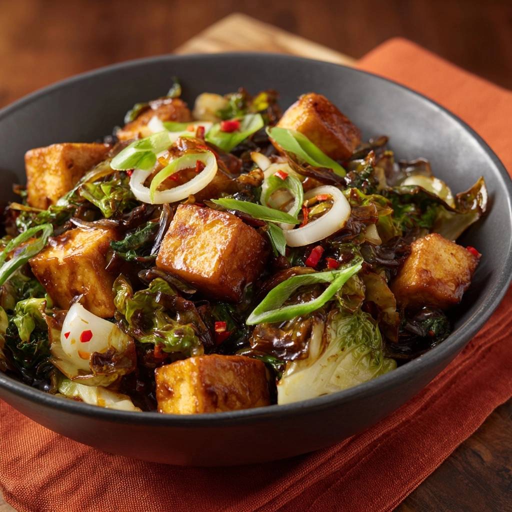 Knusprige Tofu-Kohl-Pfanne in einer dunklen Schüssel, garniert mit Frühlingszwiebeln, Chilis und Zwiebelringen, in Nahaufnahme serviert.