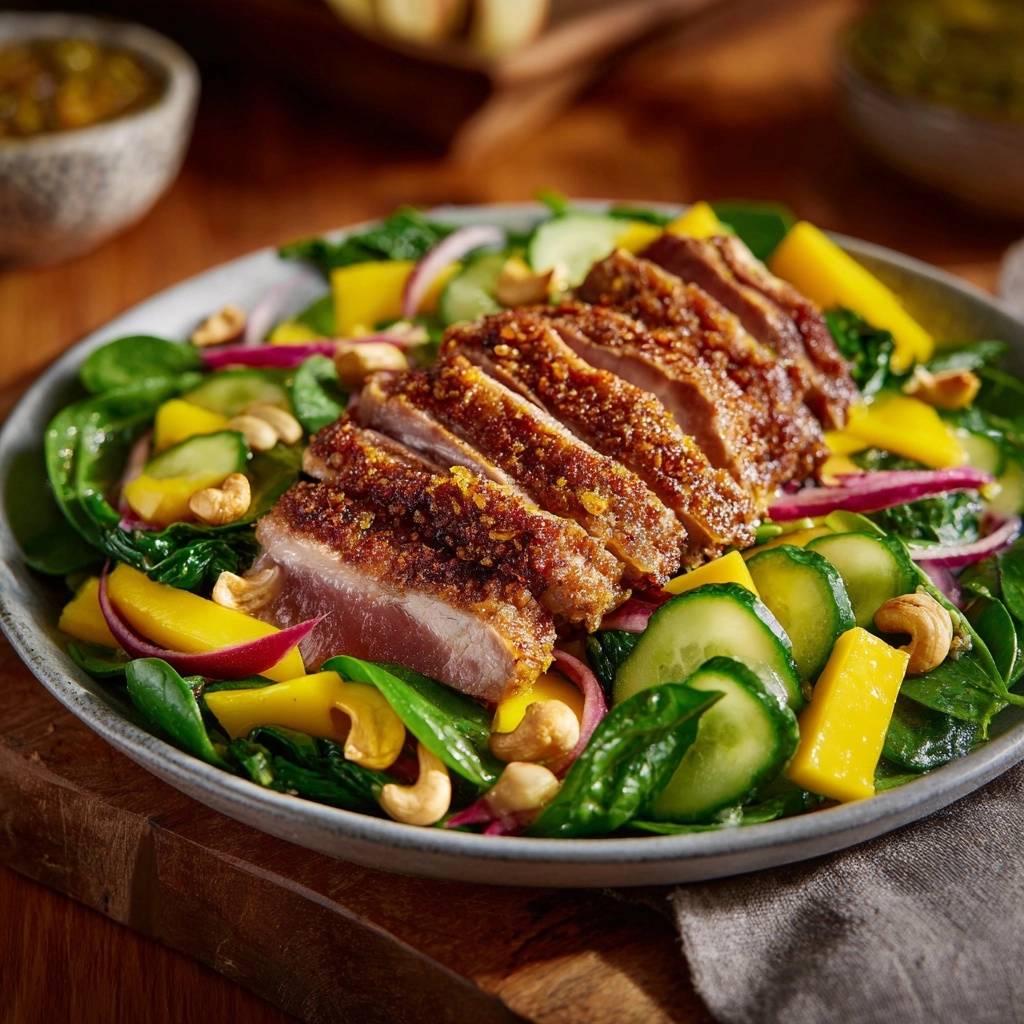 Knuspriges Entenbrust-Tataki auf Mango-Spinat-Salat, serviert auf einem Teller, mit frischem Spinat, Mango und Cashewnüssen.