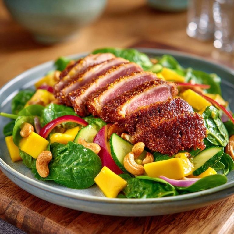 Knuspriges Entenbrust-Tataki auf Mango-Spinat-Salat, serviert auf einem Teller, mit Mango, Cashewnüssen und frischen Zutaten.