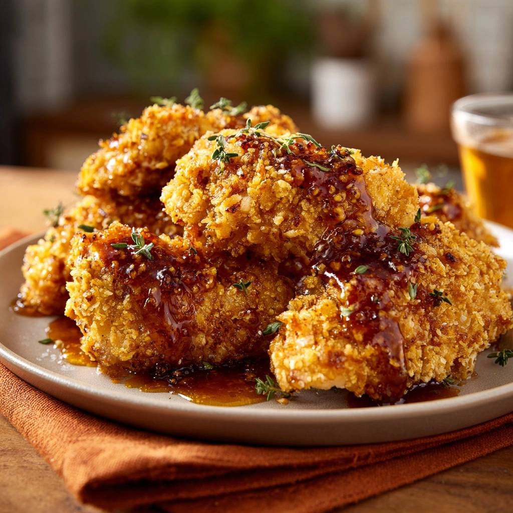 Knuspriges Honig-Thymian-Hähnchen, serviert auf einem Teller mit köstlicher Honigglasur und frischem Thymian garniert.