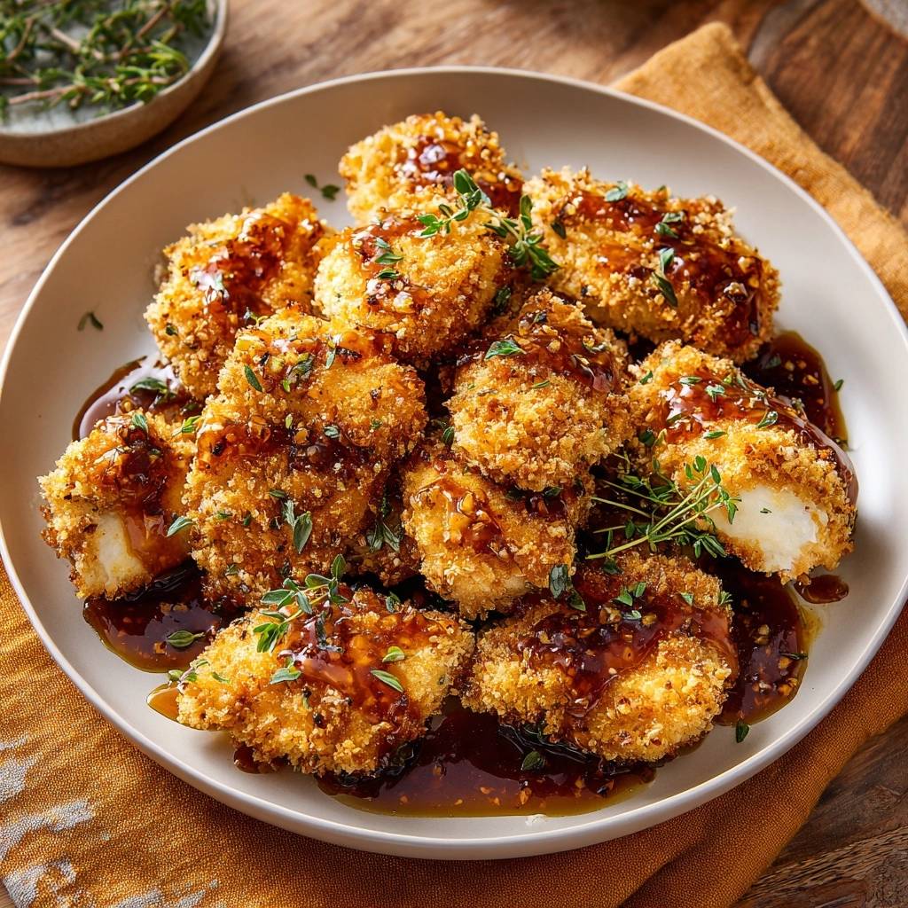 Knuspriges Honig-Thymian-Hähnchen, serviert auf einem Teller, mit einer Nahaufnahme der knusprigen Panade und der Honig-Thymian-Glasur.