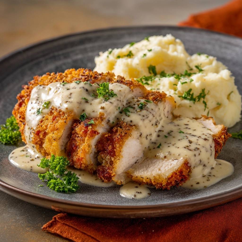 Knuspriges Puten-Schnitzel mit cremiger Pfeffersauce, serviert auf einem Teller, zeigt einen saftigen Anschnitt und cremige Sauce.