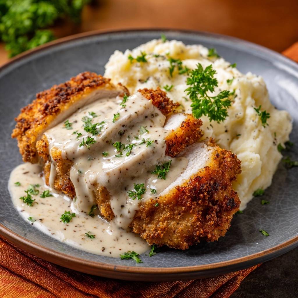 Knuspriges Puten-Schnitzel mit cremiger Pfeffersauce, serviert auf einem Teller, garniert mit frischer Petersilie und cremiger Sauce, serviert mit Kartoffelpüree.