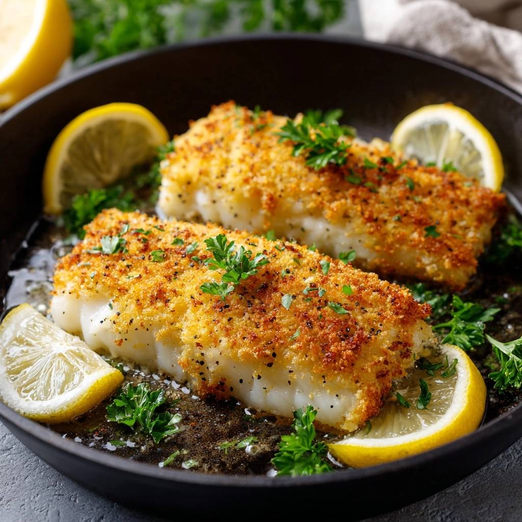 Knuspriges Zitronen Kraeuter Fischfilet Draufsicht Serviert 1 Knuspriges Zitronen-Kräuter-Fischfilet, serviert in einer Pfanne, garniert mit frischer Petersilie und Zitronenscheiben. Ein köstliches Gericht für Fischliebhaber.