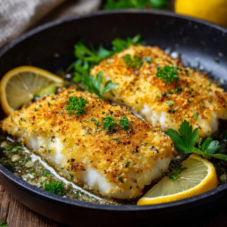 Knuspriges Zitronen-Kräuter-Fischfilet in Nahaufnahme. Zwei goldbraun gebackene Fischfilets in einer Pfanne, garniert mit frischer Petersilie.