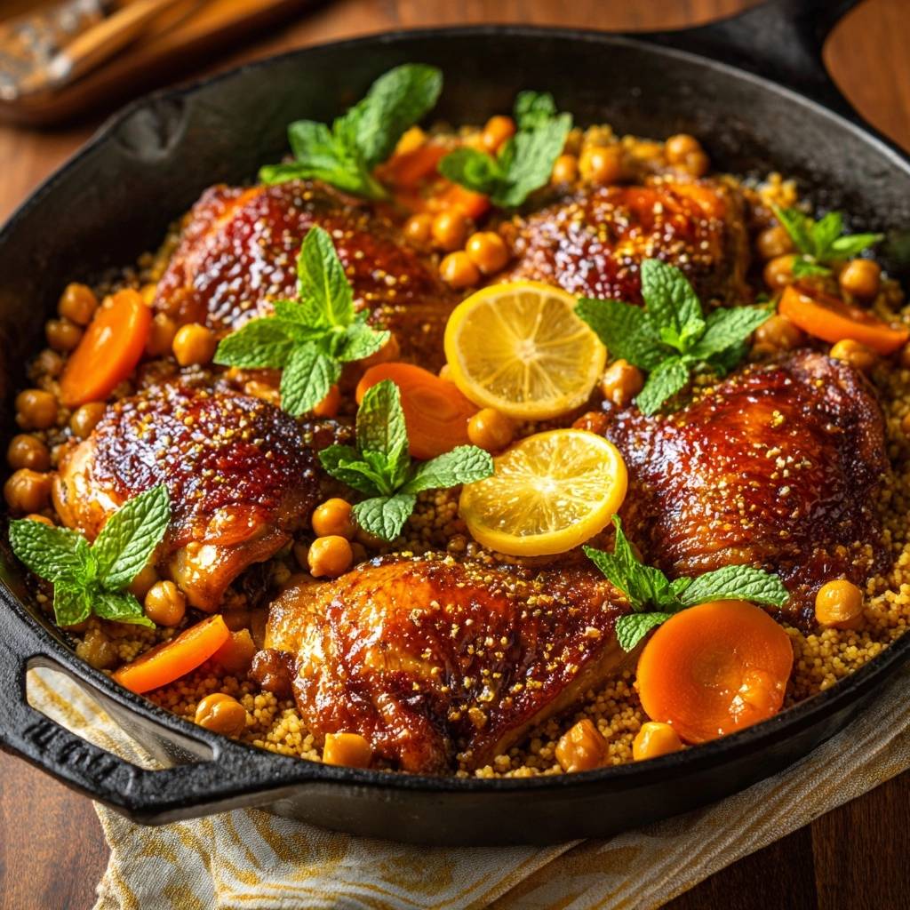 Marokkanische Hahnchenpfanne Couscous Draufsicht Serviert 1 Marokkanische Hähnchenpfanne mit Couscous in einer gusseisernen Pfanne serviert, garniert mit frischer Minze, Zitronen und Aprikosen.