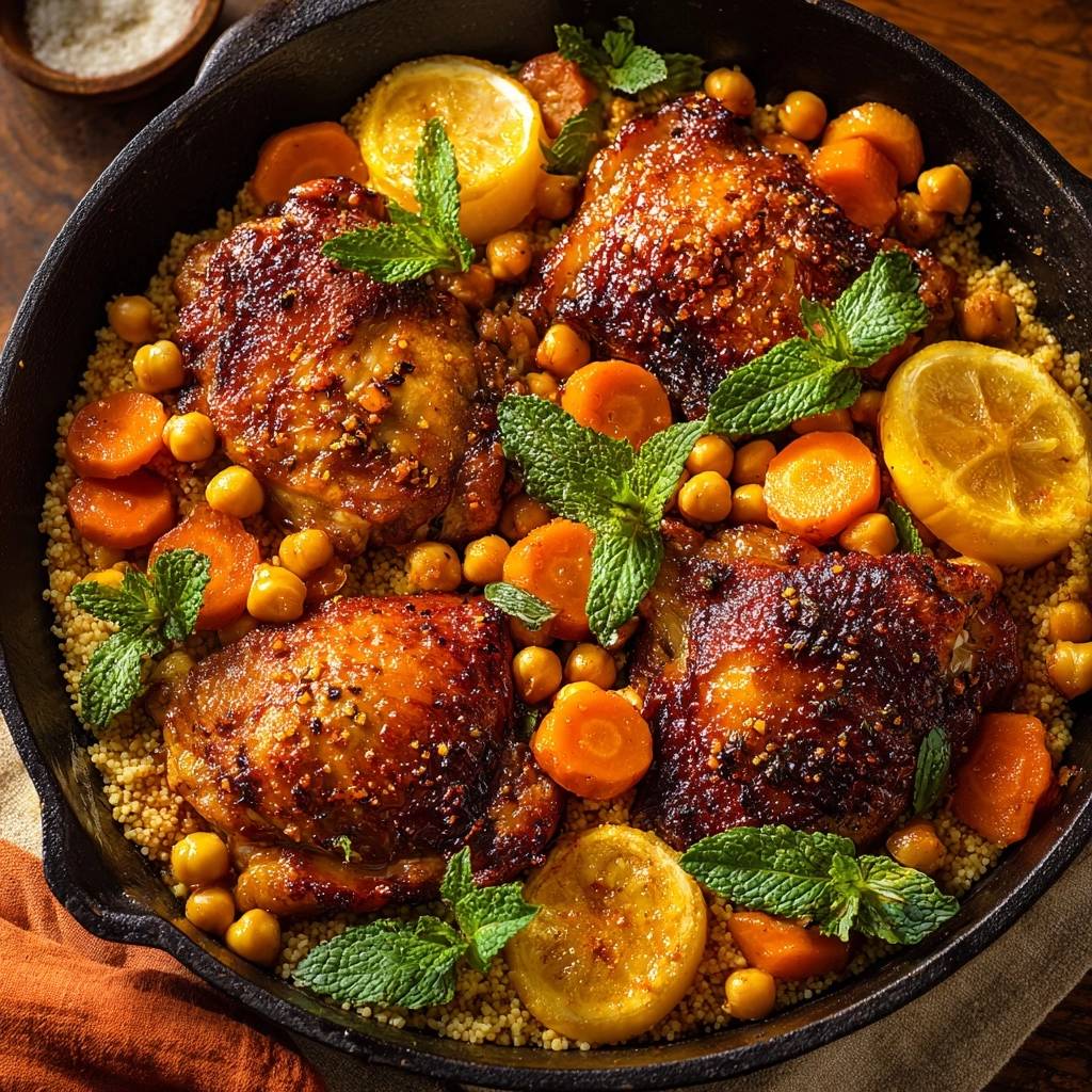 Marokkanische Hähnchenpfanne mit Couscous in einer Pfanne von oben betrachtet, mit knusprigem Hähnchen, Karotten und frischer Minze garniert.