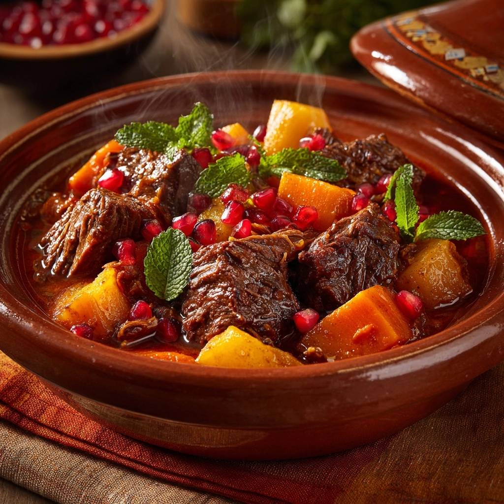 Marokkanische Rindfleisch-Tajine mit Kürbis, serviert in einer traditionellen Keramik-Tajine, garniert mit frischer Minze und Granatapfelkernen.