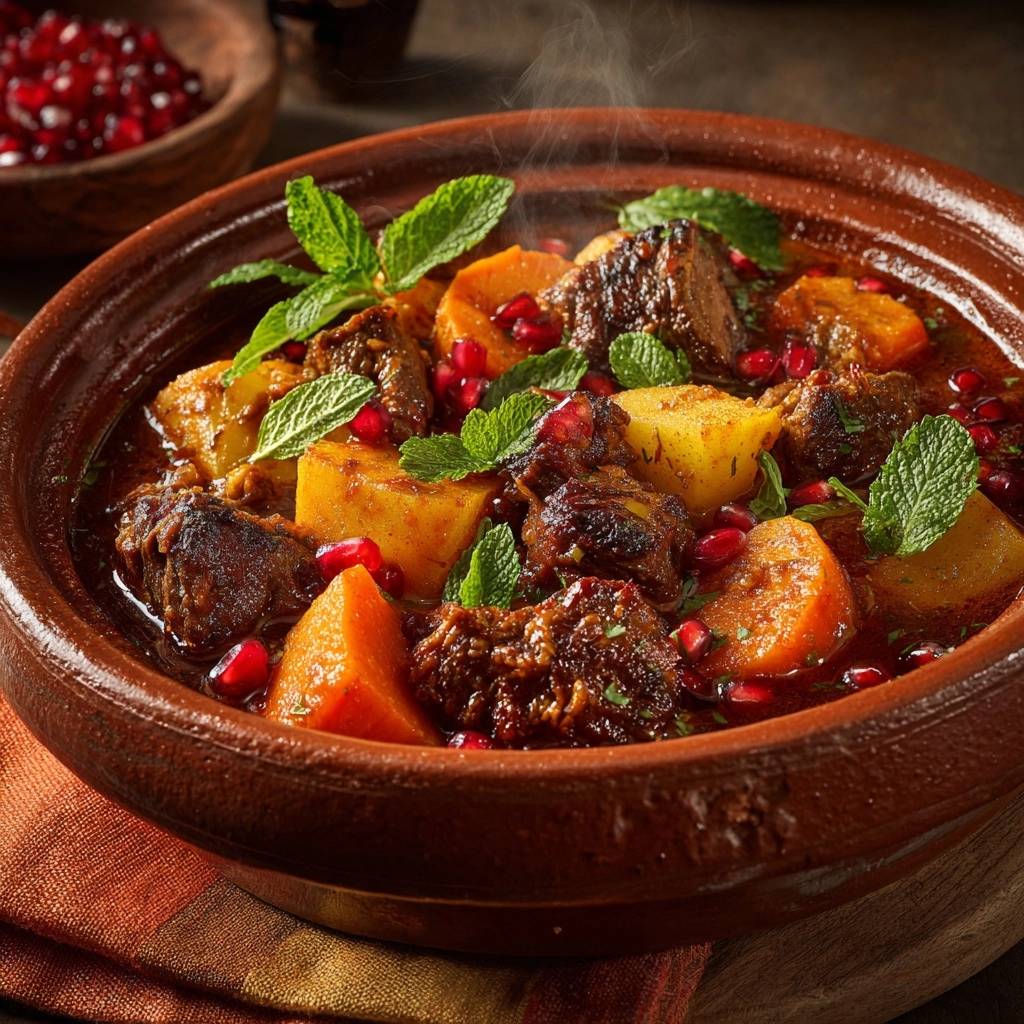 Marokkanische Rindfleisch-Tajine mit Kürbis in Nahaufnahme, garniert mit frischer Minze und Granatapfelkernen, dampfend serviert.