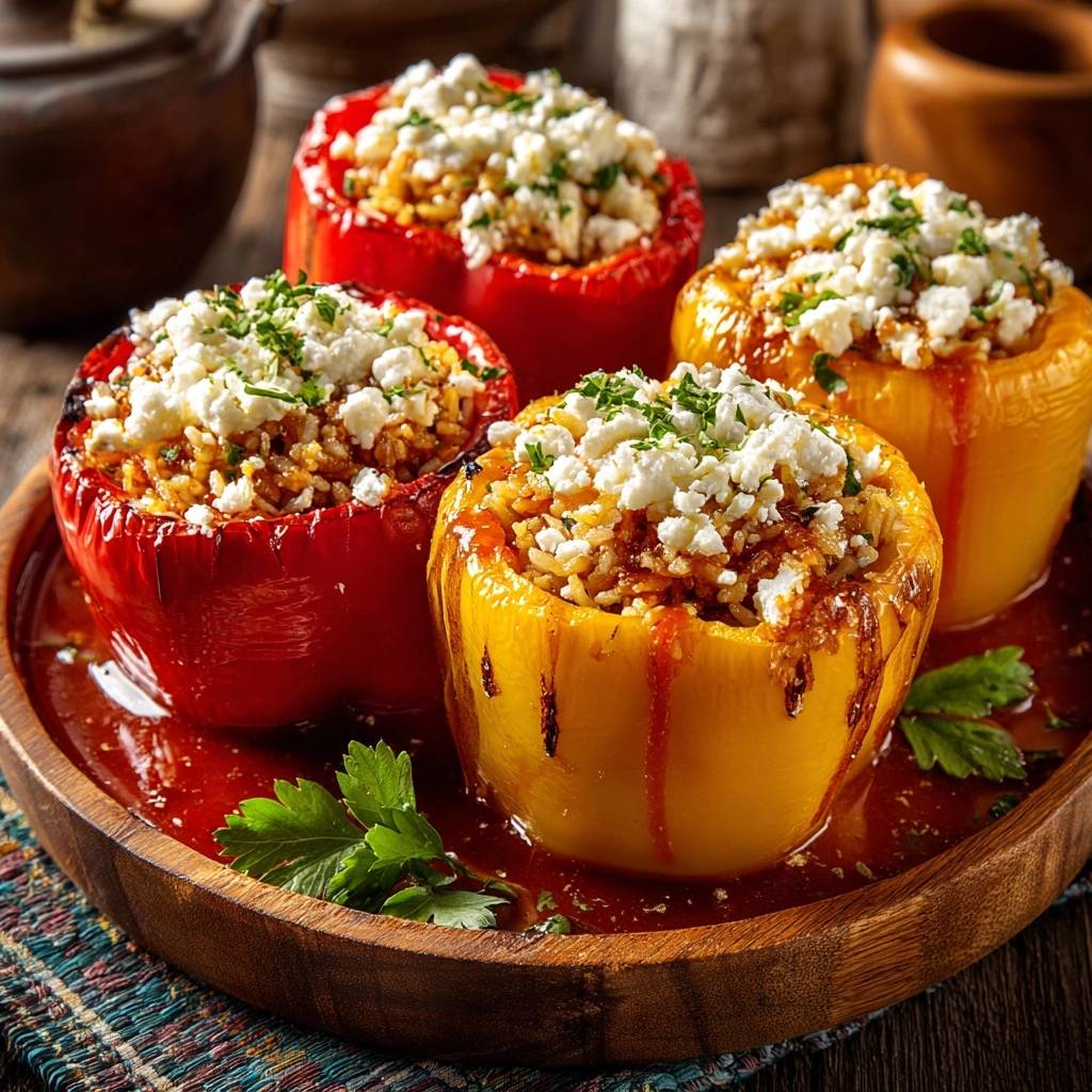 Mediterran gefüllte Paprika, eine Draufsicht auf die fertig zubereiteten Paprikaschoten, die auf einem rustikalen Holztablett serviert werden.