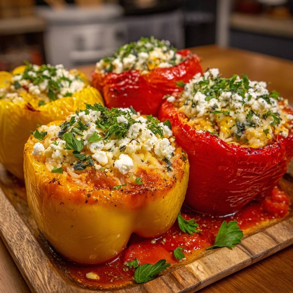 Mediterran gefüllte Paprika: Eine köstliche Draufsicht auf die gefüllten Paprikaschoten, die auf einem Holzbrett serviert werden.