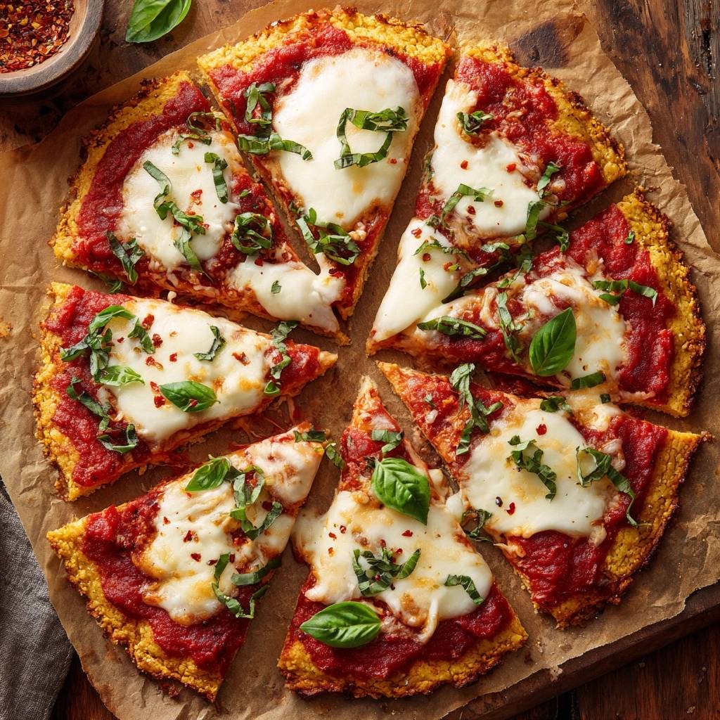 Mediterrane Blumenkohl-Pizza, draufsicht geschnitten, belegt mit Tomatensoße, geschmolzenem Käse und frischem Basilikum, serviert auf einem Holzbrett.