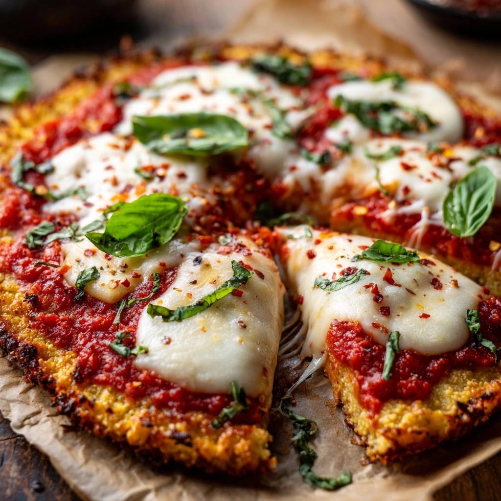 Mediterrane Blumenkohl Pizza Querschnitt 1 Mediterrane Blumenkohl-Pizza mit Anschnitt, der die knusprige Kruste und den geschmolzenen Käse zeigt, garniert mit frischem Basilikum.