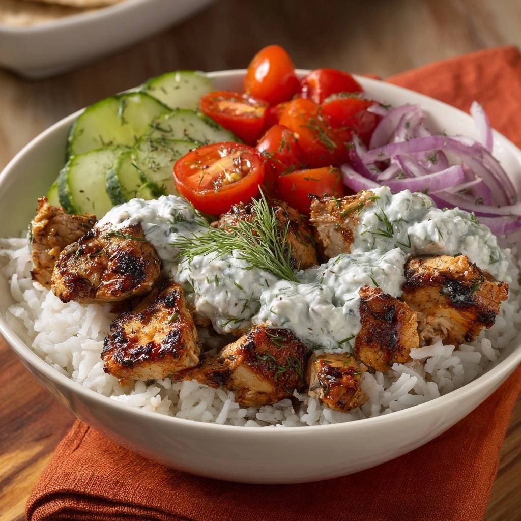 Mediterrane Hähnchen-Reis-Bowl serviert in einer Schüssel, mit Hähnchen, Reis, Gemüse und köstlichem Tzatziki.
